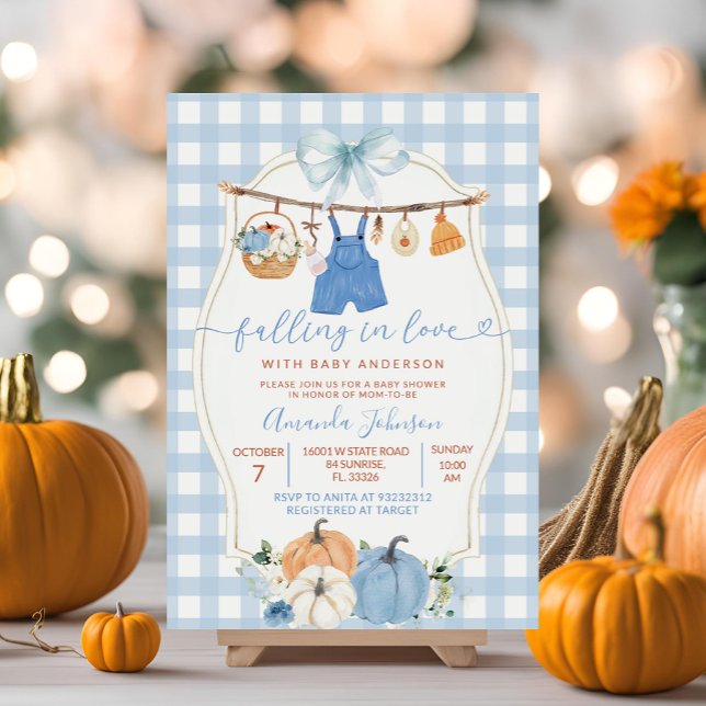 Invitación Ropa de bebé de la calabaza azul Gingham Baby Show (Subido por el creador)
