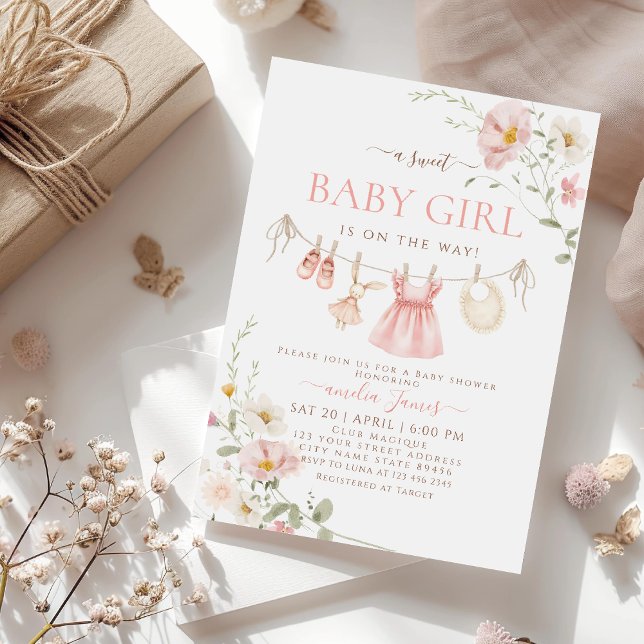 Invitación Ropa de bebé de Pink Wildflower Boho Baby Shower (Subido por el creador)