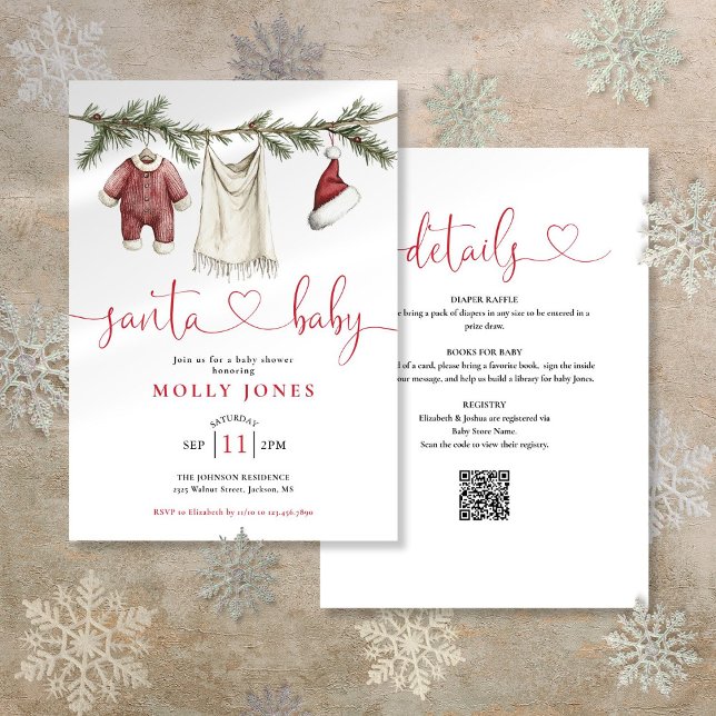 Invitación Ropa de bebé de Santa Claus en una cuerda para Bab (Santa Baby Clothesline All In One Baby Shower Invitation)