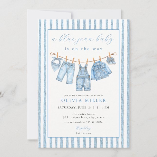 Invitación Ropa de bebé de shower de mezclilla en tendedero d (Anverso)