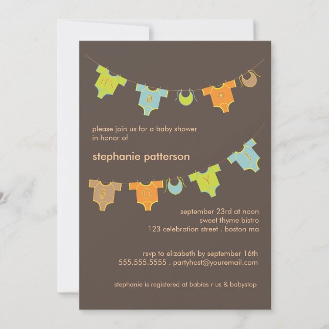 Invitación Ropa de bebé dulce LIne es un chico Baby Shower (Anverso)