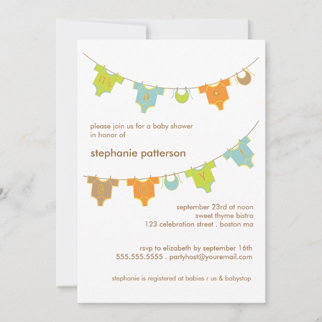 Invitación Ropa de bebé dulce LIne es un niño Baby Shower (Anverso)