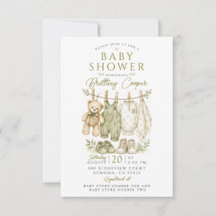 Invitación Ropa de bebé en cordel Verde salvia Baby Shower