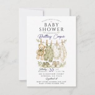 Invitación Ropa de bebé en cordel Verde salvia Baby Shower