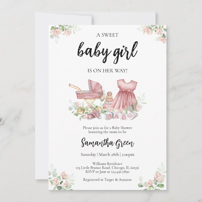 Invitación Ropa de Bebé Es una Niña Baby Shower (Anverso)