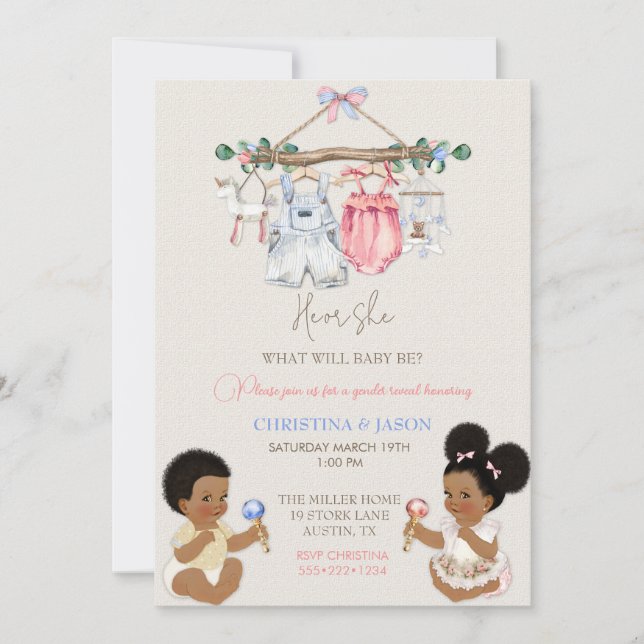 Invitación Ropa de bebé género revelan marfil azul rosado (Anverso)