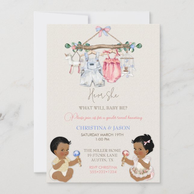 Invitación Ropa de bebé género revelan marfil azul rosado (Anverso)