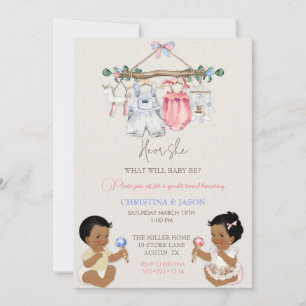 Invitación Ropa de bebé género revelan marfil azul rosado