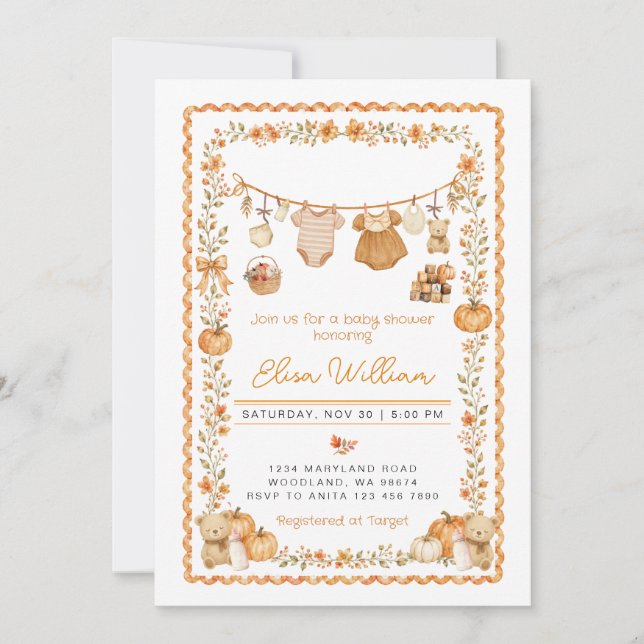 Invitación Ropa de Bebé Línea Dulce Otoño Calabazas Baño Enca (Anverso)
