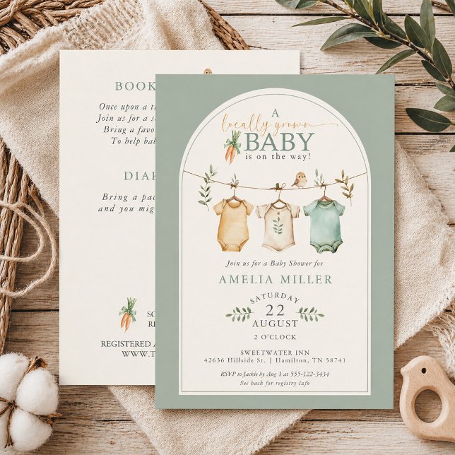 Invitación Ropa de bebé localmente cultivada neutral Tendal d (Neutral Locally Grown Baby Clothesline Baby Shower Invitation)