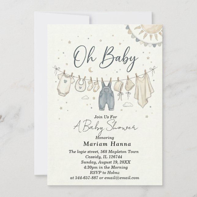 Invitación Ropa de bebé neutral Oh Baby Clothesline shower de (Anverso)