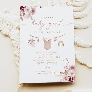 Invitación Ropa de bebé niña dulce floral en tendedero Baby S