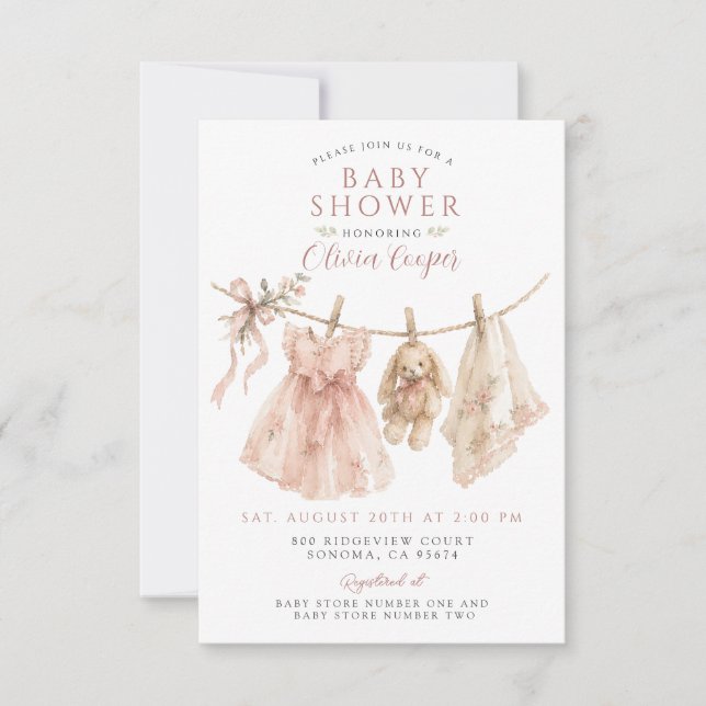 Invitación Ropa de Bebé Niña Línea Boho Rosa Beige Baby Showe (Anverso)
