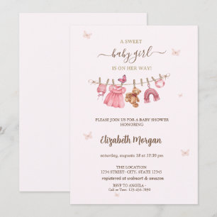 Invitación Ropa de bebé niña rosa en tendedero Cumpleaños de 