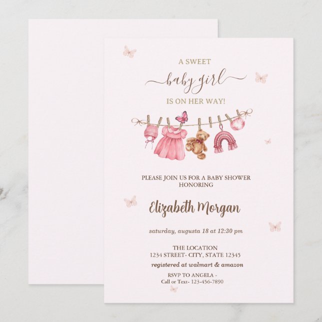 Invitación Ropa de bebé niña rosa en tendedero Cumpleaños de  (Anverso / Reverso)