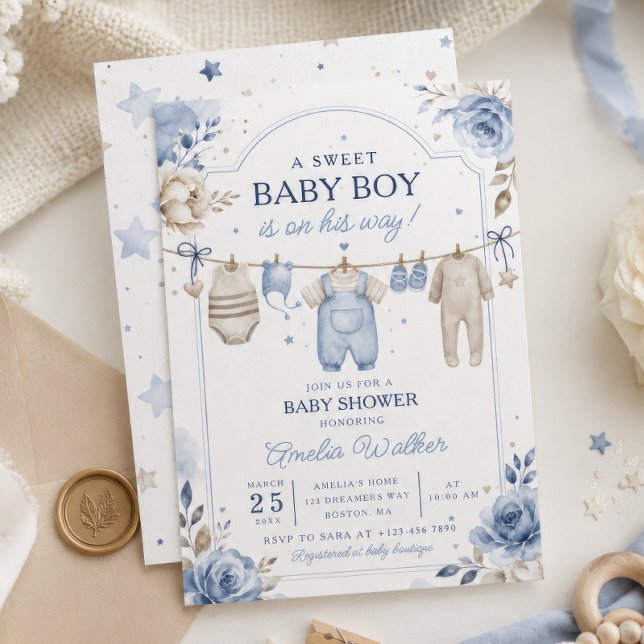 Invitación Ropa de Bebé Niño Acuarela Shower de Bebé (Subido por el creador)