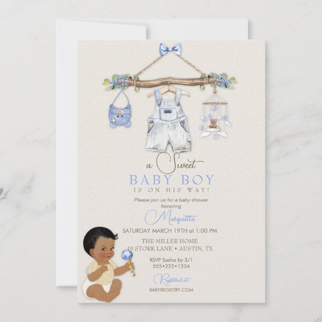 Invitación Ropa de bebé Niño Baby Shower Marfil Azul (Anverso)
