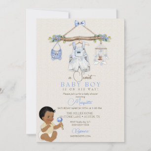 Invitación Ropa de bebé Niño Baby Shower Marfil Azul