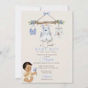 Invitación Ropa de bebé Niño Baby Shower Marfil Azul