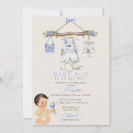 Invitación Ropa de bebé Niño Baby Shower Marfil Azul