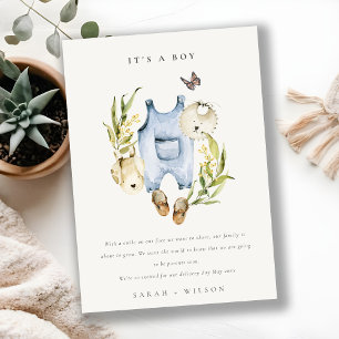 Invitación Ropa de bebé niño con follaje azul