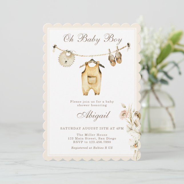 Invitación Ropa de bebé niño con hierba de Pampas Cumpleaños  (Anverso de pie)
