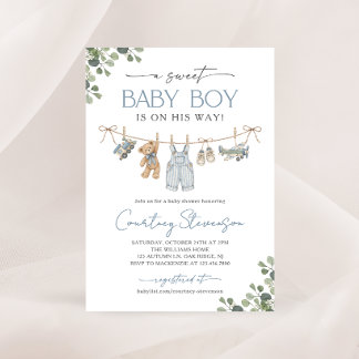Invitación Ropa de bebé niño dulce Clothesline Boho Baby Show