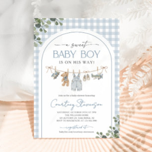 Invitación Ropa de bebé niño dulce Colada Gingham Baby Shower