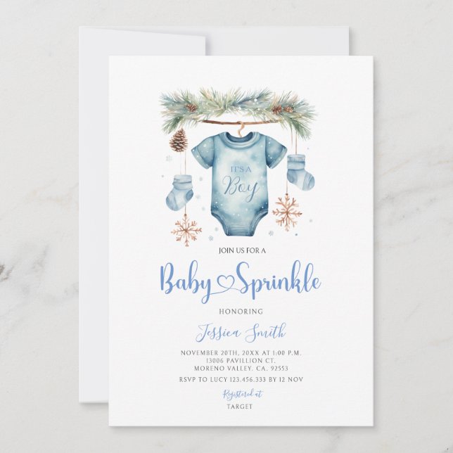Invitación Ropa de bebé niño invierno azul Fiesta de bebé (Anverso)