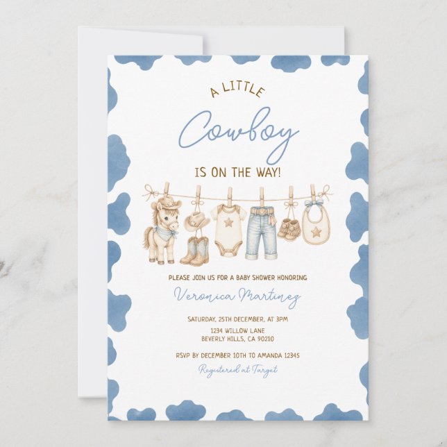 Invitación Ropa de bebé para ducha de vaquero azul pequeño (Anverso)