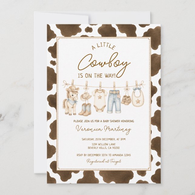 Invitación Ropa de bebé para ducha de vaquero occidental (Anverso)