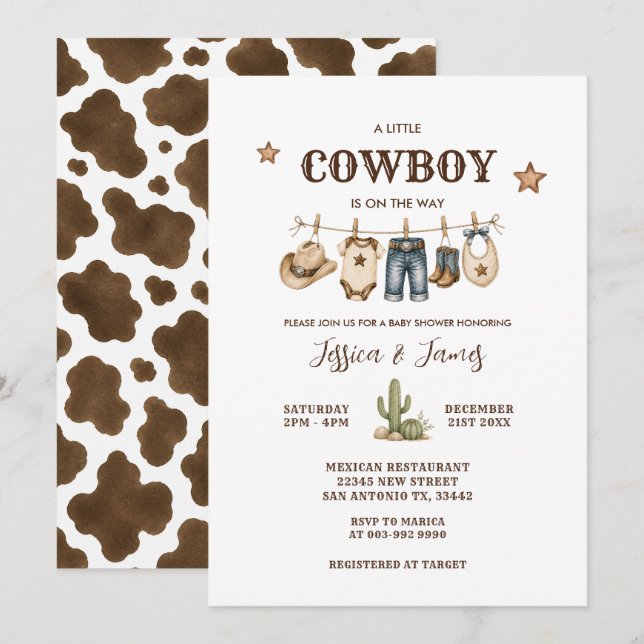 Invitación Ropa de bebé para ducha de vaquero pequeño (Anverso / Reverso)