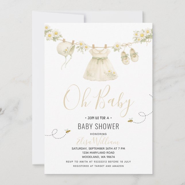 Invitación Ropa de bebé para shower de niña con margaritas (Anverso)