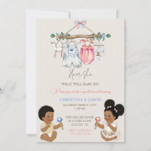 Invitación Ropa de bebé Revelación de género Marfil Rosa Azul