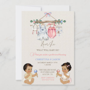 Invitación Ropa de bebé Revelación de género Marfil Rosa Azul