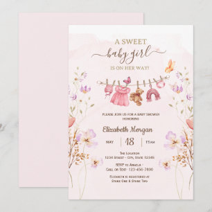 Invitación Ropa de bebé rosa chic flores silvestres ducha de 