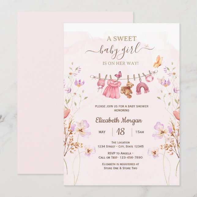 Invitación Ropa de bebé rosa chic flores silvestres ducha de  (Anverso / Reverso)