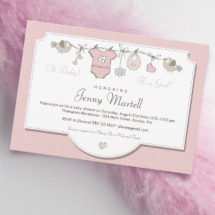 Invitación Ropa de bebé rosa claro   Shower de bebé