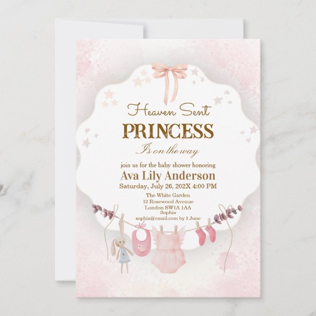 Invitación Ropa de bebé rosa Little Princess Heaven Sent (Anverso)