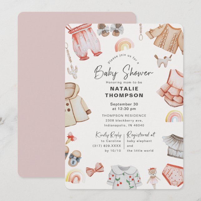 Invitación Ropa de bebé rosa y Baby Shower de juguetes (Anverso / Reverso)