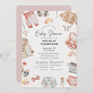Invitación Ropa de bebé rosa y Baby Shower de juguetes