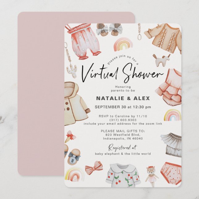 Invitación Ropa de bebé rosa y juguetes Baby Shower virtual (Anverso / Reverso)