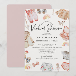 Invitación Ropa de bebé rosa y juguetes Baby Shower virtual