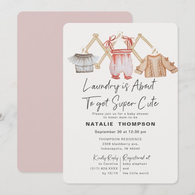Invitación Ropa de bebé rosada Lavadora Cute Baby Shower (Anverso / Reverso)