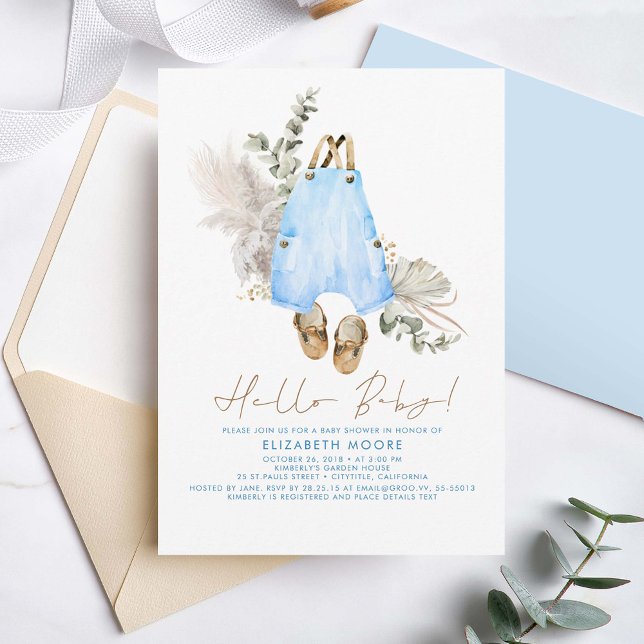 Invitación Ropa de bebé: sabio azul y chico lindo marrón (Blue Green and Beige Cute Baby Boy Baby Shower Invitations)