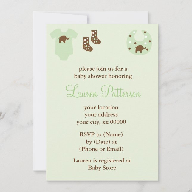 Invitación Ropa de bebé verde Baby Shower neutral (Anverso)