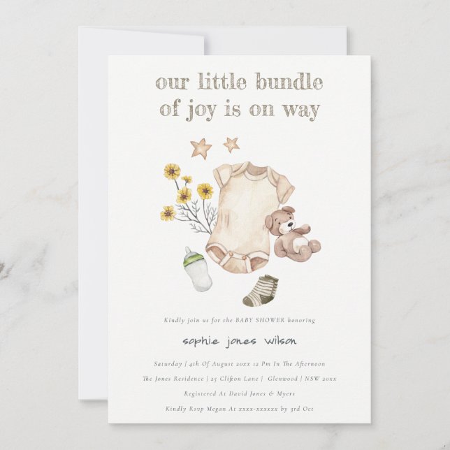 Invitación Ropa de bebé verde Boho Género Baby Shower neutral (Anverso)