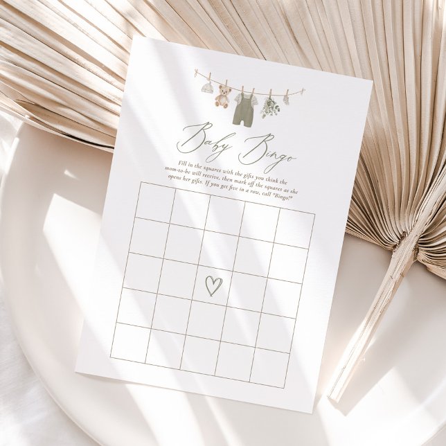 Invitación Ropa de bebé verde salvia boho Bingo de baby showe (Subido por el creador)