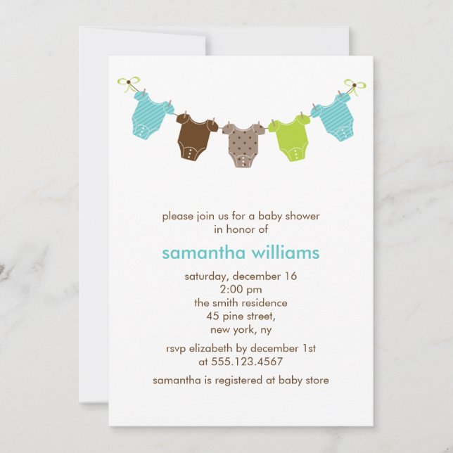 Invitación Ropa de bebé verde y azul Baby Shower (Anverso)