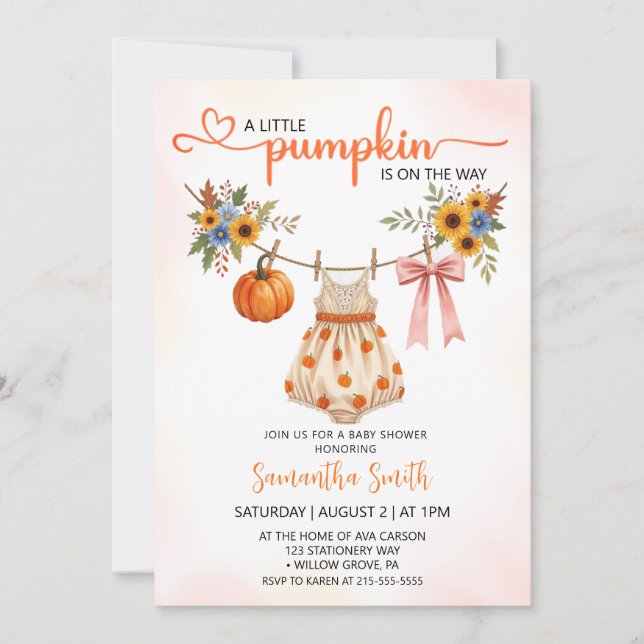 Invitación Ropa de calabaza de otoño Chica de bebé ducha (Anverso)